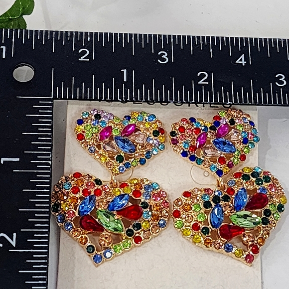 Multi Color Crystal Double Heart Statement Earrings - Picture 5 of 5
